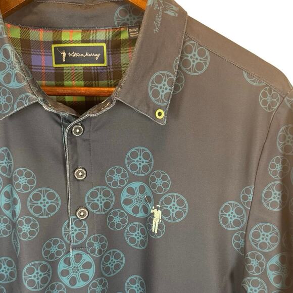 William Murray Men’s M Golf Polo Shirt Blue Movie Reel Print Stretch Performance - Picture 1 of 13